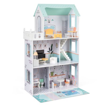 Trædukkehus med 17-delt møbelsæt, 3 etager