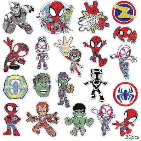 20 stk. Stryke-på-lapper, broderte superheltlapper med tegneserietema, sy applikasjonsreparasjonslapp for jakker, jeans, bukser, ryggsekker, klær