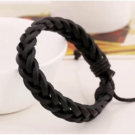 Genuine Leather Adjustable Black Bracelet For Men - Braided