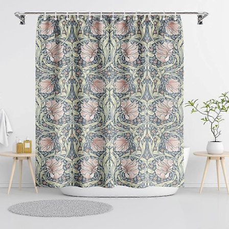 William Morris Vintage Blomstret Bruseforhæng, Botanisk Blå/Rosa Bruseforhængssæt til Badeværelse med 12 Kroge, Elegant Chic Dekorativt Forhæng til 