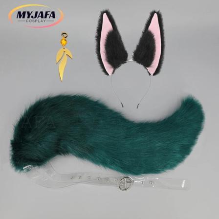 Game Genshin Impact Tighnari Cosplay Peruk Tighnari Mörkblå Grön Kort Värmebeständig Syntetiskt hår Rollspel Peruker + Peruk Cap Ears B Ring Tail One 
