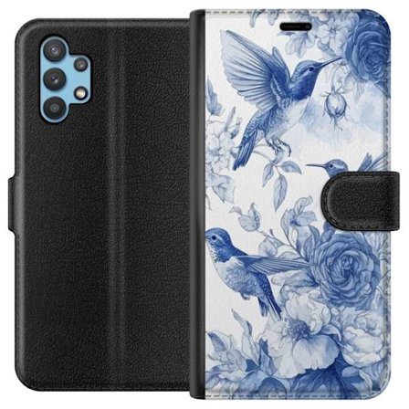Kompatibel Tegnebogsetui til Samsung Galaxy A32 5G Fugle og blomster blå romantiskt mønster