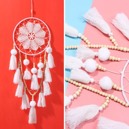 White Flower Dream Catcher Träpärlor Vägghängande - high quality