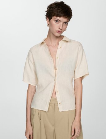 Mango Short Sleeve Linen-Blend Shirt - Cream - XS