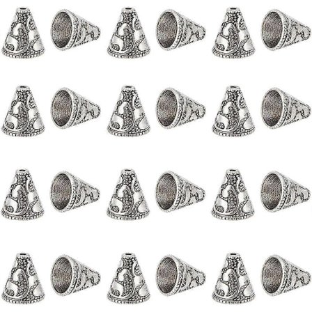 1 Ask 40 st Silver Bead Cones End Cap Beads Retro Tibetansk Stil Legering Vintage Cone Spacer Beads Metall Stopper Caps för Smyckestillverkning Bead 
