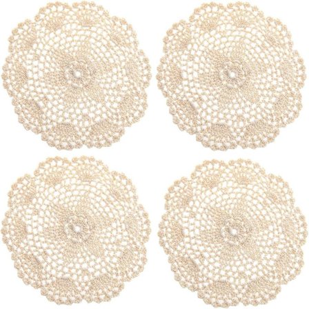 Käsintehdyt puuvillavirkkausliinat pitsipöytätabletit lasinaluset, noin 20 cm, 4 kpl (beige)