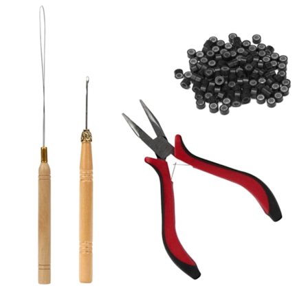 4 stk. hårparyk tang buet spids træ krog nål silikone ringe hår extensionsværktøjer sort