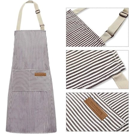 1 kpl Harmaa raidallinen ruoanlaittoesiliina, keittiöesiliina 2 taskulla ruoanlaittoon, leivontaan, maalaamiseen, kotitöihin