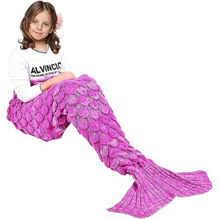 Sjøjungfruhaleteppe, 140 x 70 cm, mørk rosa, varmt sofa-sengteppe til alle årstider, quiltet stueteppe, sovepose for barn, fiskeskjell