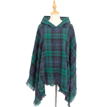 Dame Plaid Hætte Cape Sjal Tæppe Poncho Hættetrøje Cape Sjal med Kvaster