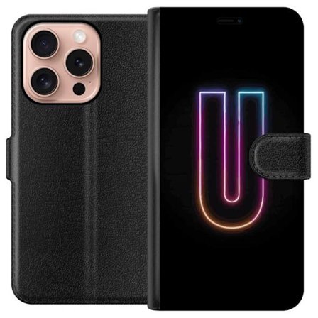 Yhteensopiva Lompakkokotelo Apple Apple iPhone 16 Pro Minimaalinen neonkirjain U kirkkaalla valaistustehosteella mustaa taustaa vasten