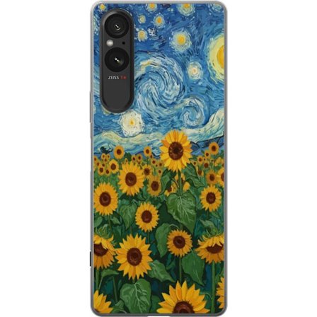 Kompatibelt Mobilskal till Sony Sony Xperia 5 V Solrosfält under stjärnklar himmel - Måleri inspirerad av Van Gogh