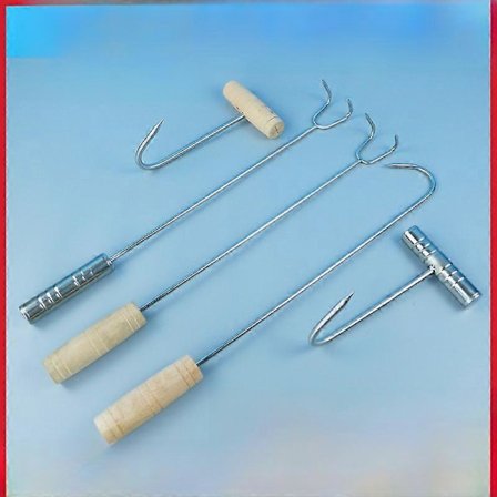 Kjøttkrok i rustfritt stål med trehåndtak, lang håndtak, marinert kjøttkrok, svinekjøttkrok, kjøttkrok, bakekrok, dobbel krok