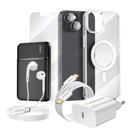 Komplet pakke til iPhone 13: cover, glas, opladere, ekstern batteri, høretelefoner (7 dele) Mayaxess Transparent
