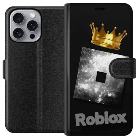 Kompatibel Tegnebogsetui til Apple Apple iPhone 16 Pro Max Minimalistisk sort og sølvfarvet Roblox-symbol med gylden krone og luksuriøs gamer-æstet