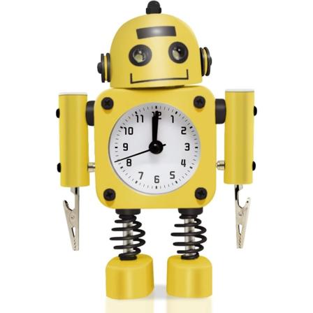 Icke-tickande robotväckarklocka i rostfritt metall - väckarklocka med blinkande ögonljus och handklämma (gul)