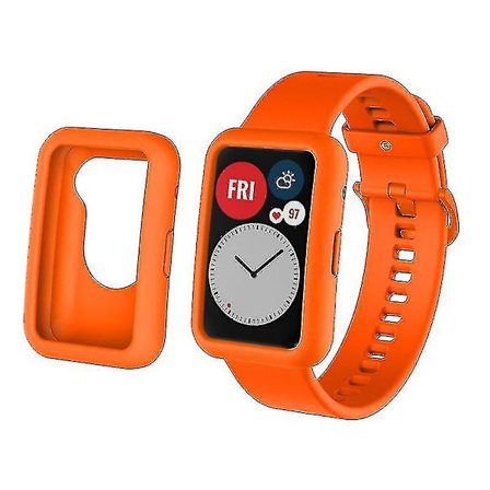 Silikoniranneke yhteensopiva Huawei Watch Fit -kellon kanssa, korvaava ranneke + naarmuuntumaton kellokotelo oranssi, oranssi