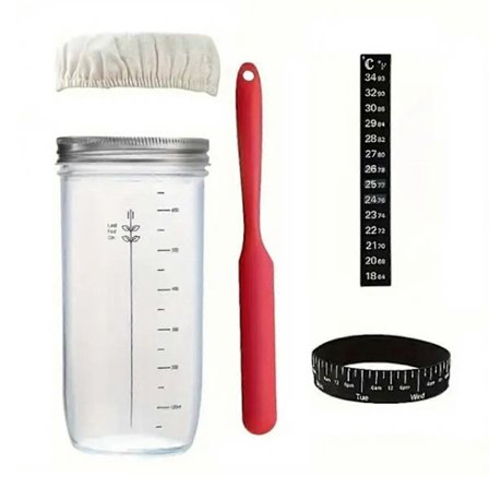 Glasskrukke for brødfermentering, med pustende tøydeksel, termometer, gjenbrukbar surdeigskrukke, brødbaking, liten
