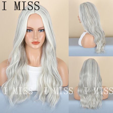 Hårvipp for kvinner, hvit og grå gradientfarge, langt krøllete hår