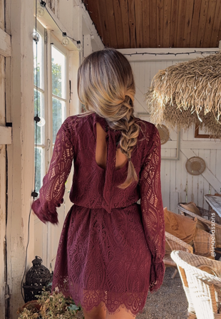 Bubbleroom - Lace Bow Dress - Burgundy - Kläder