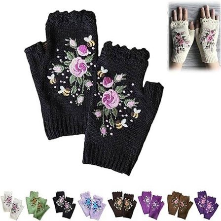 Handbroderade Vantar, 2023 Nya Stickade Damvantar med Blommor, Vinter Handgjorda Broderade Stickade Fingervantar, 01