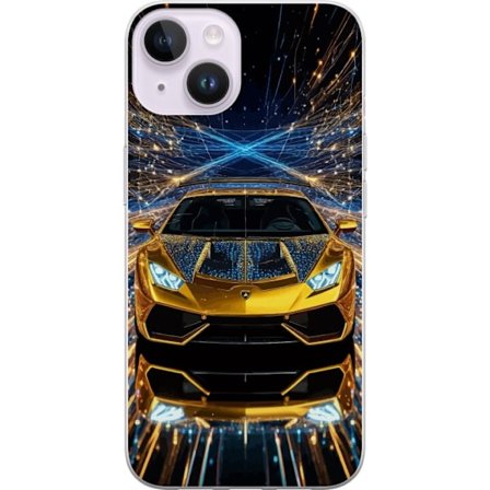 Yhteensopiva Puhelinkuori Apple iPhone 15 Kultainen urheiluautoillustraatio, futuristinen luksusauto valopolkujen kera täydellinen eksklusiivisille au