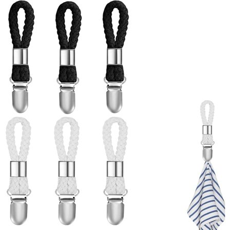 6 stk. - Håndkleklyper - Badehåndkleklype - Kjøkkenhåndklekroker i metall - m/ vevd bomullsrepsløkke