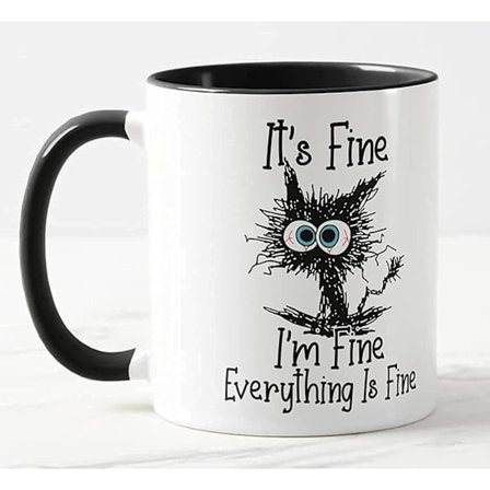 Det er rolig, jeg har det bra, alt er bra Kattevits Farget Krus Kopp Gave Bursdag Jobb Kontor Jul Te Kaffe (Svart)