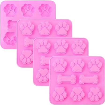 2-i-1 hund silikoneskimmel (rosa 4-pak) for poter og bein, non-stick matvare silikonformer for sjokolade, godteri, gelé, isterninger, hundegodbiter