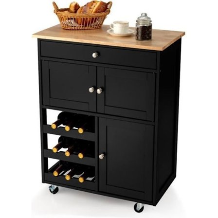 COSTWAY Køkkenvogn på hjul med gummitræ Top Køkken Serveringsvogn med skuffe og flaskeholder Sort.