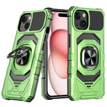 Slitstarkt hårdplastskydd med mjuk insida och ståstöd för iPhone 15 - Grön