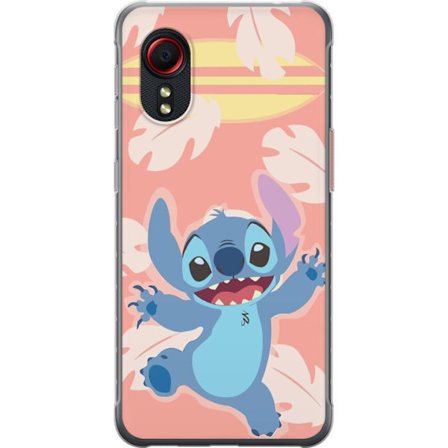 Kompatibel Mobilcover til Samsung Galaxy Xcover 5 Glad illustration af Stitch der hopper foran lyserød baggrund med surfbræt