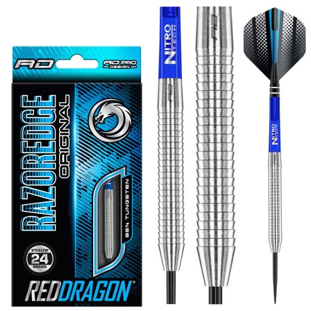 Red Dragon Darts Razor Edge Original Steel Tip Darts 20-33g - 85% Tungsten, Professional Grade, Blue/Silver, Razor Grip, Precision Flight, Nitro Tech