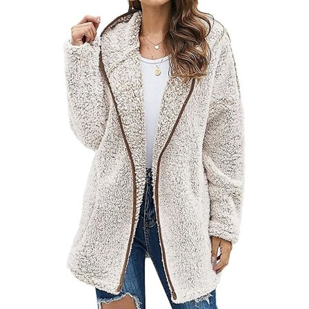 Dame Hætte Fuzzy Fleece Frakke Ensfarvet Oversized Kontrastfarve Kant Vinter Varm Pelsjakke Overtøj