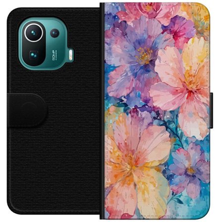 Kompatibelt Lommeboketui til Xiaomi Xiaomi Mi 11 Pro Akvarellmaling med store blomster i rosa, blå og gule toner i en myk kunstnerisk stil.