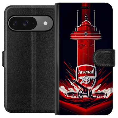 Yhteensopiva Lompakkokotelo Google Pixel 9 Pro Arsenal-embleemi, jossa tykki ja stadionmotiivi voimakkaassa punaisessa ja valkoisessa urheilusuunnitte