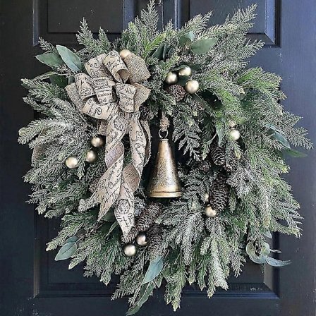 Julekrans i bondegårdsstil med ringeklokke, julekrans til inngangsdør, hengende ornament, juledekorasjon