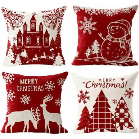 Pudebetræk Merry Christmas Sæt med 4 Bomuld og Linned Betræk Vinter Xmas Elg Slot Snemand 45 x 45 cm