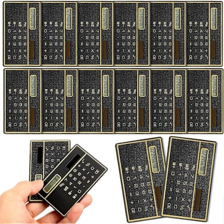 12 kappaletta 8-numeroisia ohuita laskimia, litteä luottokorttimallinen aurinkokennolaskin, taskulaskin (musta ja kulta)