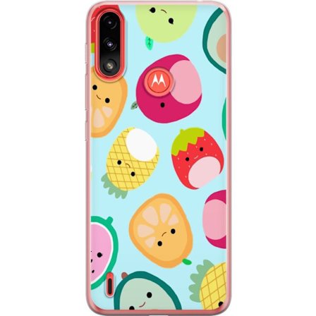 Kompatibelt Mobildeksel til Motorola Moto E7 Power Mønster av kawaii-frukter som jordbær sitron ananas og avocado på lyseblå bakgrunn