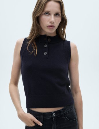 Mango Knitted Gilet With Button Collar - Navy - XS