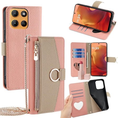 Motorola Moto G15 4G / G15 Power 4G Etui Mirror Wallet Læder Telefon cover med kæde skulderrem - Lyserød