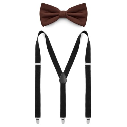 Ensemble de nœud papillon pré-noué marron foncé et bretelles noires pour hommes - Sets de nœuds papillon