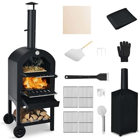 COSTWAY Outdoor Charcoal Pizza Ovn-Pizza Sten 30,5 cm Anti-skold handske, Vandtæt Betræk, 2 Grills, Dobbelt Termometer