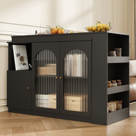 Roterende barbord 360°, 120x40x97cm med glaslåge, multifunktionelt opbevaringsskab, sort