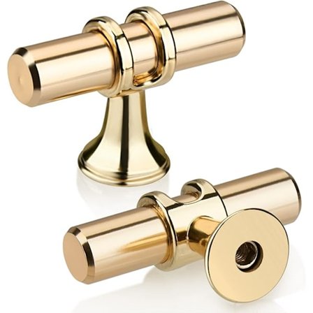 Sett med 2 gyldne T-formede skuffeknotter, moderne elegante gyldne håndtak for kjøkkenskap