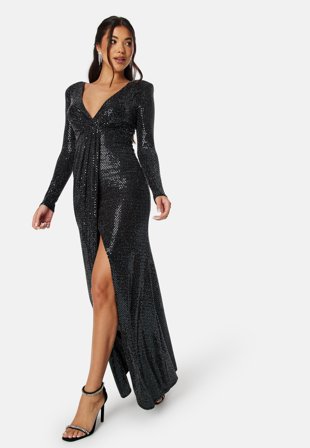 Goddiva - Long Sleeve Sequin Maxi Dress With Split - Black