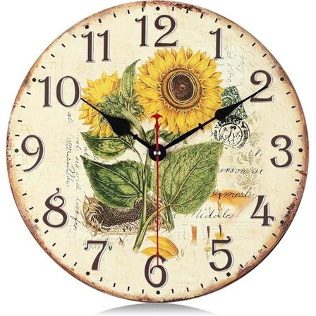 Wooden Wall Clock with Yellow Sunflowers Silent Non Ticking 12 Inch Battery Operated Vintage Shabby Chic Rustic Farmhouse Kitchen Clocks Wall Decor