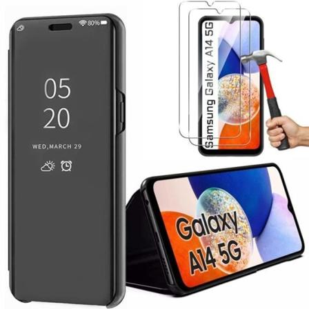 Fodral + 2 härdade glasögon för Samsung A14 4G/5G Flipfodral Stabilt skydd Svart Svart