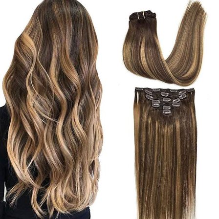 Clip In Human Hair Extensions Remy Chocolate Brown To Caramel Blonde Balayage 7pcs 120g 14 Inch